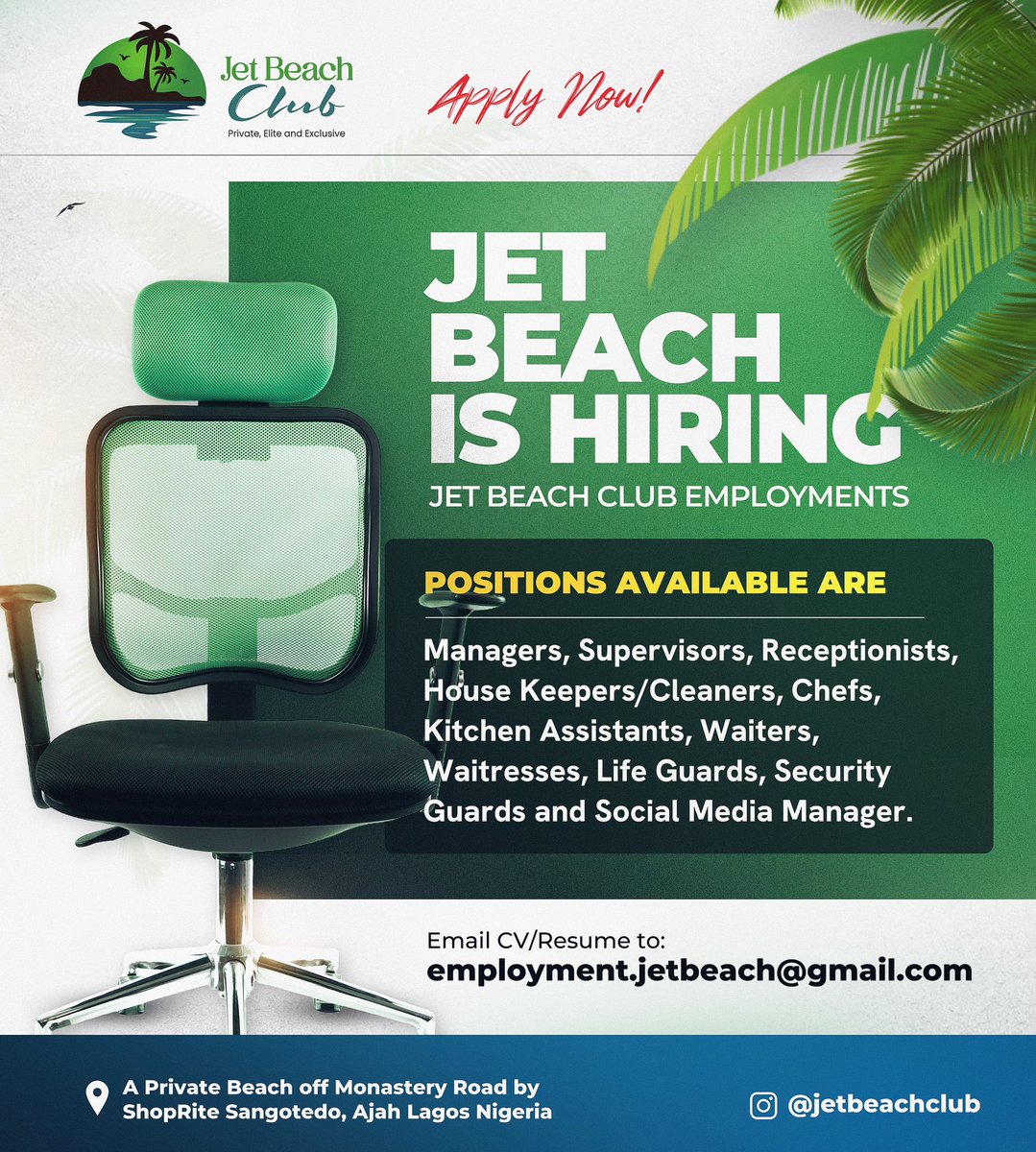 DJ Buzzle (@djbuzzle) on Twitter photo Are You Based in Lagos and You need a Job, I have these Positions Ready to Hire. A Private Beach on the Island. Send Your CVS to employment.jetbeach@gmail.com Are You Based in Lagos and You need a Job, I have these Positions Ready to Hire. A Private Beach on the Island. Send Your CVS to employment.jetbeach@gmail.com
