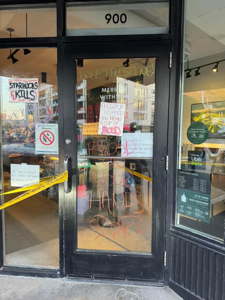 A couple more pics of the vandalism at Starbucks in midtown Toronto this morning. A big thank you to <a href="/TorontoPolice/">Toronto Police</a> for their fast response and for all they’ve been doing to keep the Jewish community safe and protected in recent weeks.