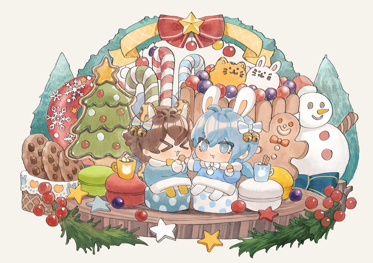 snowman candy cane animal ears chibi food blue hair christmas  illustration images