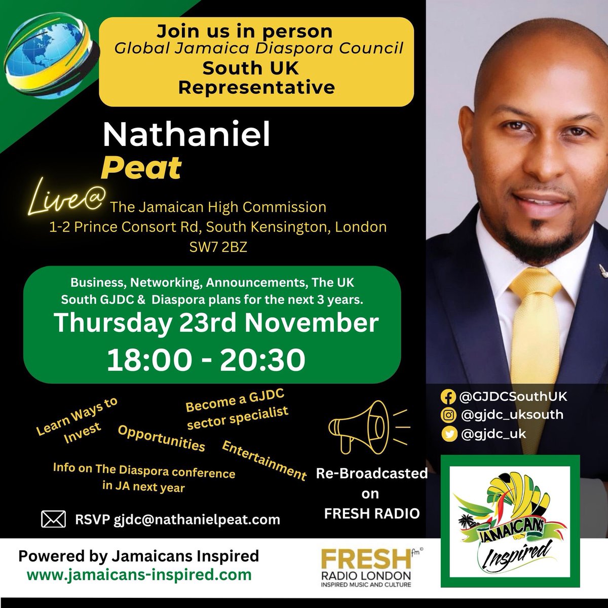 Calling all UK Jamaican Diaspora Professionals! 

Join me on the 23rd of November 2023 as I map out my strategic mobilisation and communications plan to support the U.K.’s contribution towards the National Diaspora Policy and Jamaica’s Vision 2030 National Development Plan.