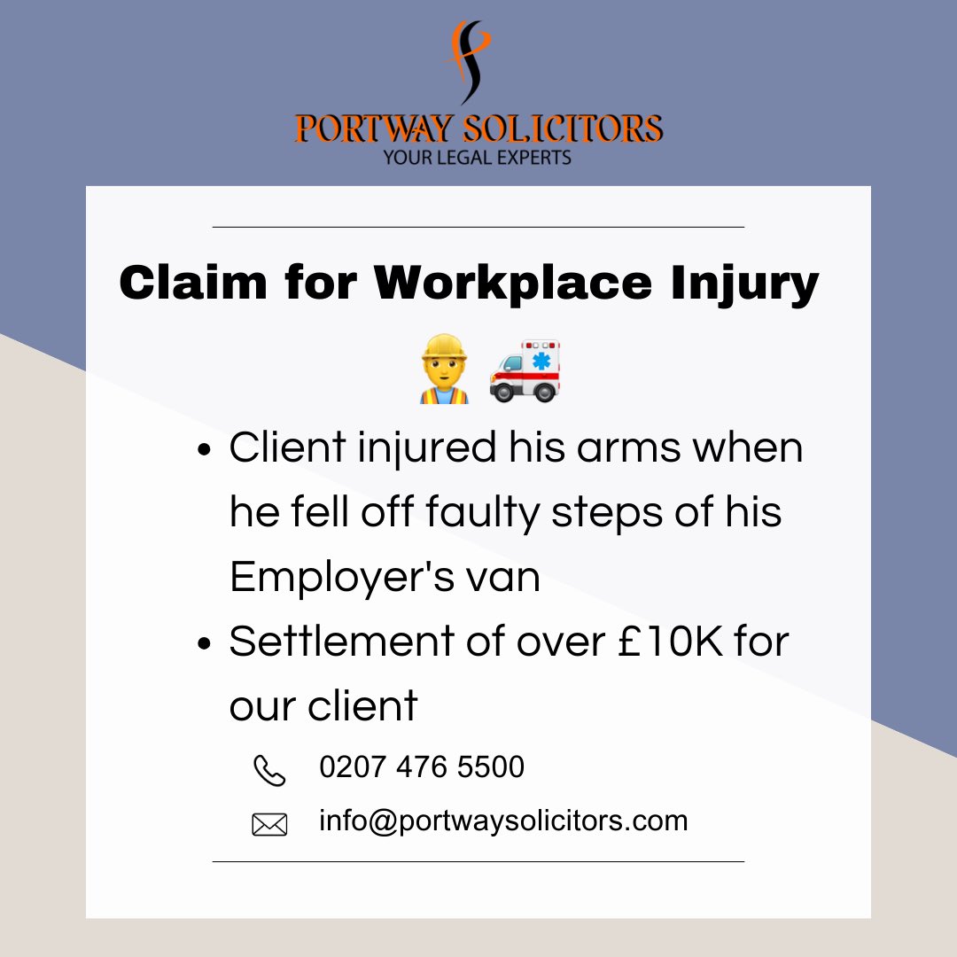 PortwaySol's tweet photo. #Claim for #Workplace #Injury
• Client injured his #arms when he fell off faulty steps of his Employer's van
• #Settlement of over £10K for our client
#Accident
#AccidentAtWork
#Personalinjury https://t.co/IgQHIM1eEE