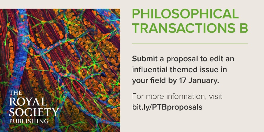 Next deadline for submitting a proposal for an issue of #PhilTransB @RSocPublishing is 17 Jan 2024 - I would highly recommend this opportunity! Please contact me if you would like to discuss any ideas for theme issues 😊
Find out more at bit.ly/PTBproposals