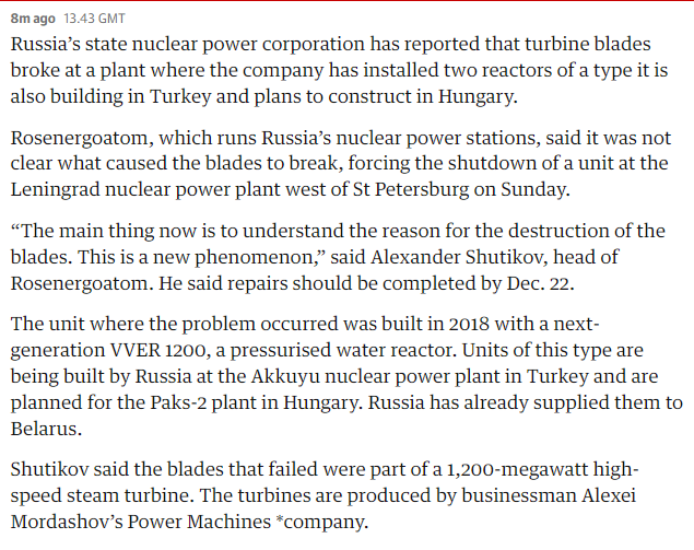 ioanaV_'s tweet photo. Rosenergoatom☢️reported that turbine blades broke at the Leningrad nuclear power plant west of St Petersburg on Sunday.
The 2 reactors there are of the same type with the ones that will be used in Turkey and planned for use in Hungary.
@guardian https://t.co/ADsHVt5oUr