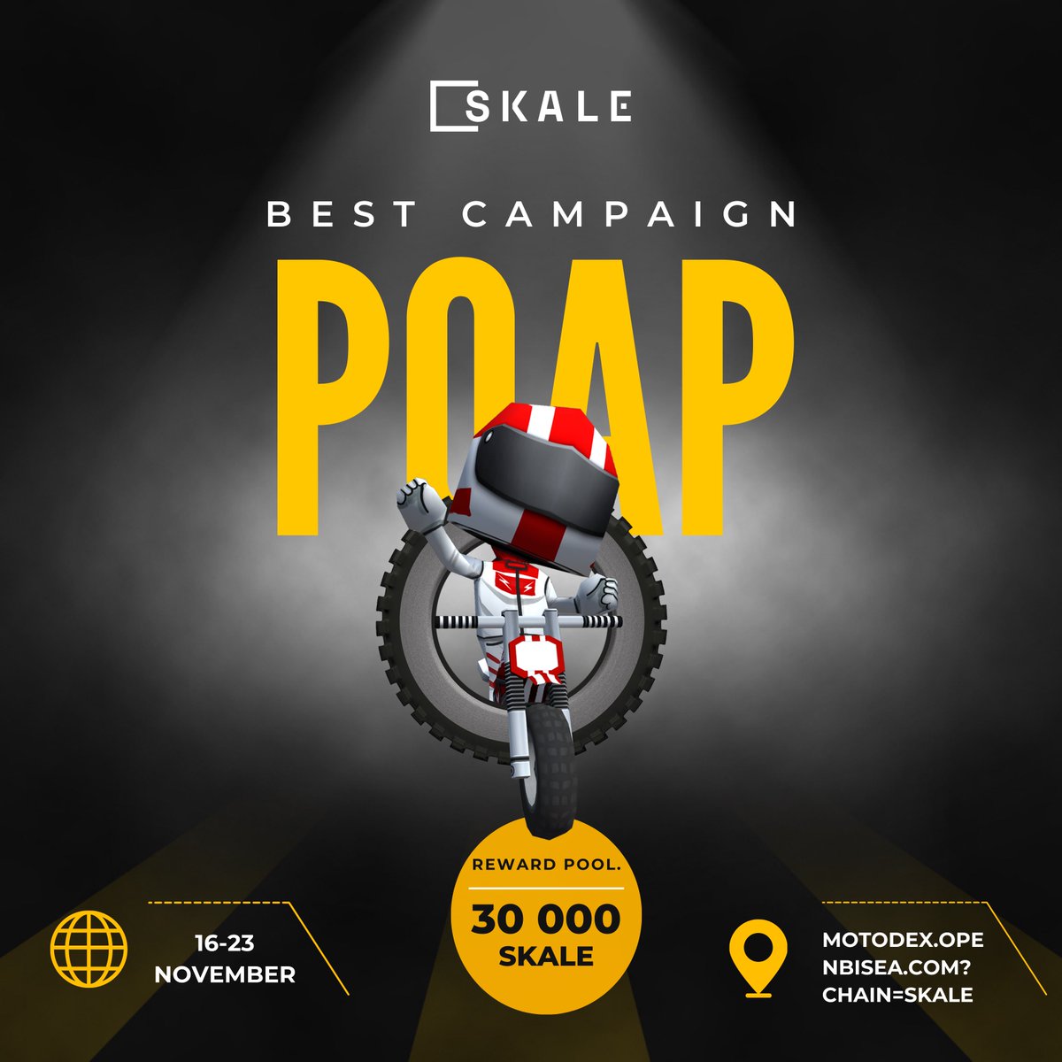 Play for the opportunity to win fantastic prizes from <a href="/SkaleNetwork/">SKALE</a> x MotoDEX 🎁

🗓️ November 16 - 23, 2023
💸 Prize Pool: 30,000 SKALE for 5 winners

To participate:
1️⃣ Go to the motodex.openbisea.com/?chain=skale
2️⃣ Connect your wallet and switch to SKALE
3️⃣ Click on POAP and confirm