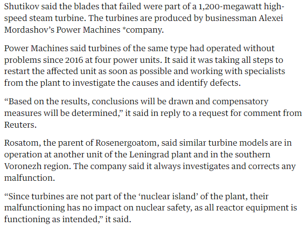 Rosenergoatom☢️reported that turbine blades broke at the Leningrad nuclear power plant west of St Petersburg on Sunday.
The 2 reactors there are of the same type with the ones that will be used in Turkey and planned for use in Hungary.
<a href="/guardian/">The Guardian</a>