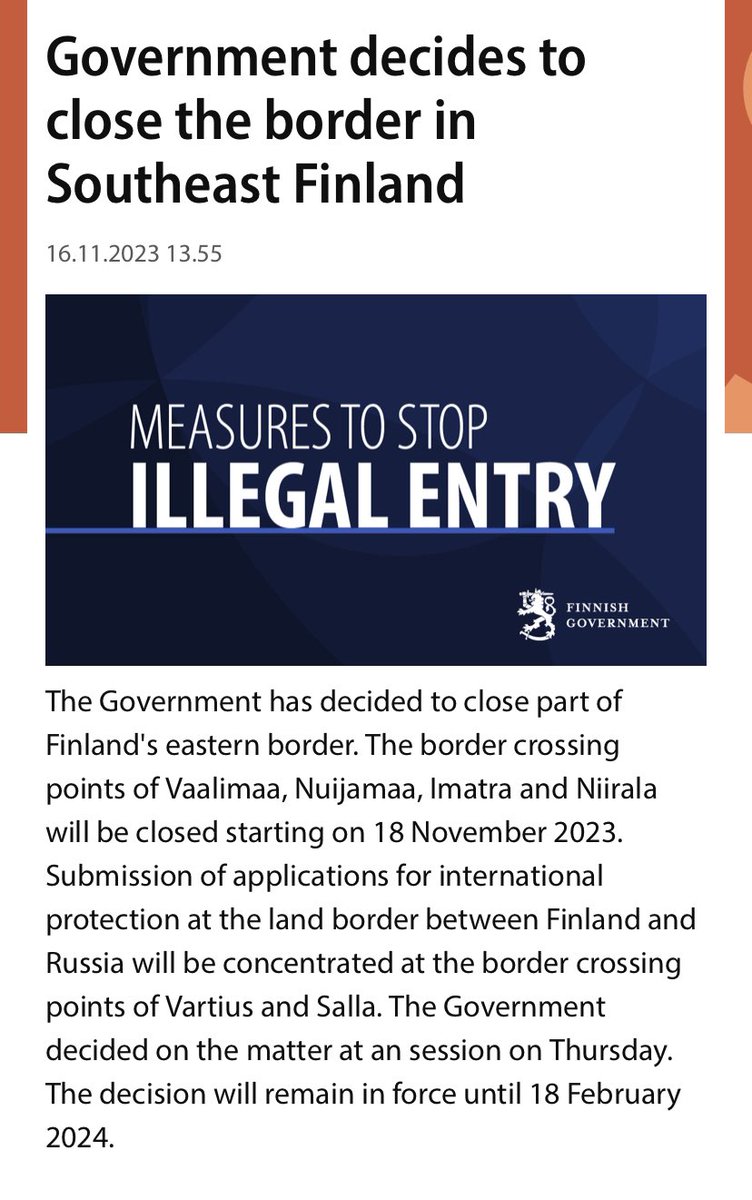 SatuSoderstrom's tweet image. According to section 16 of the Border Guard Act, the Government may decide to close border crossing points for a fixed period or until further notice if it is necessary to prevent a serious threat to public order, national security or public health. 
#finland #migration