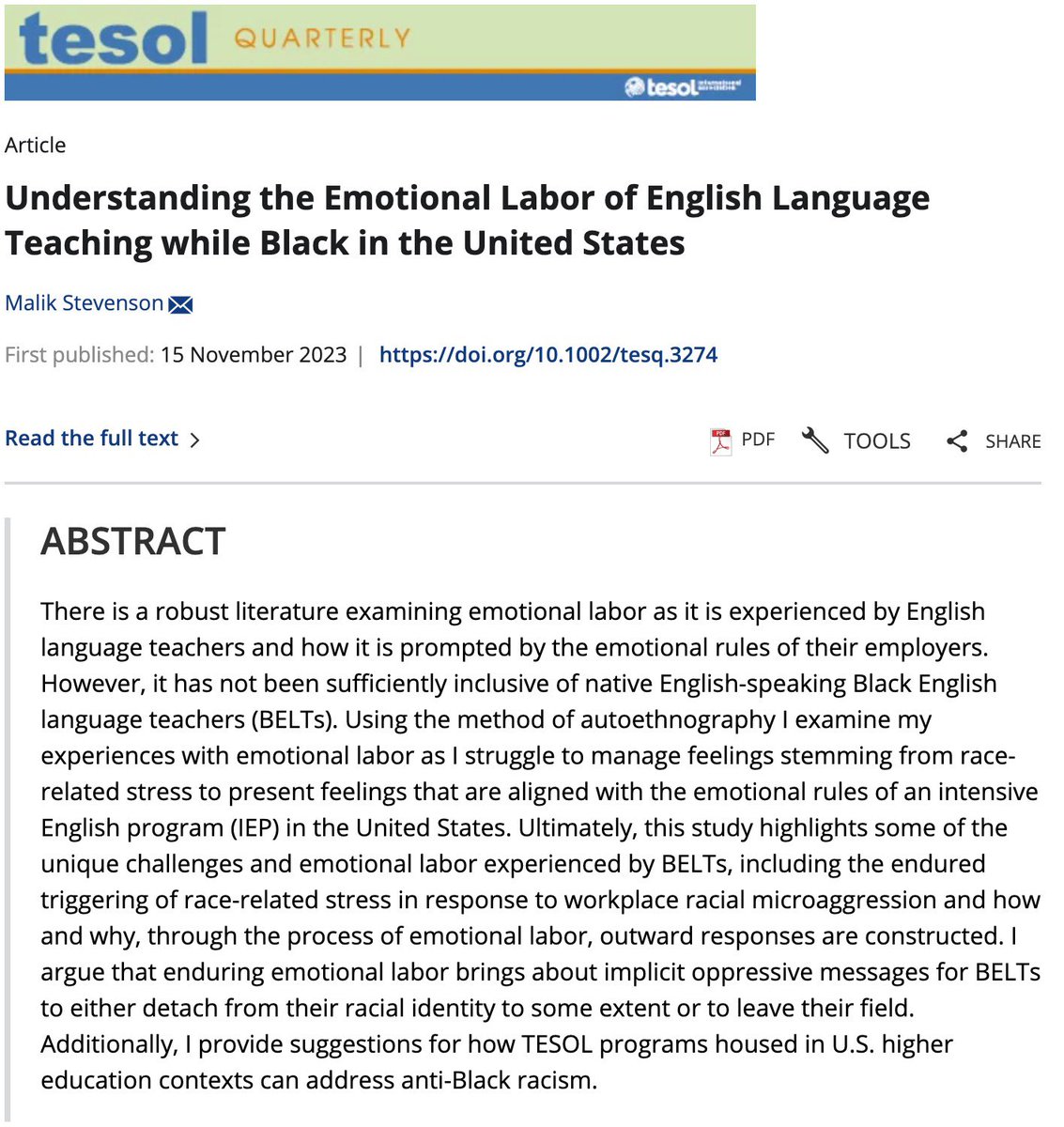 My first solo-authored article is now published in TESOL Quarterly. This is one of the first papers I wrote in my PhD program! Using the method of autoethnography I examine my experiences with emotional labor as a Black English language teacher. Give it a read! #PublicationAlert