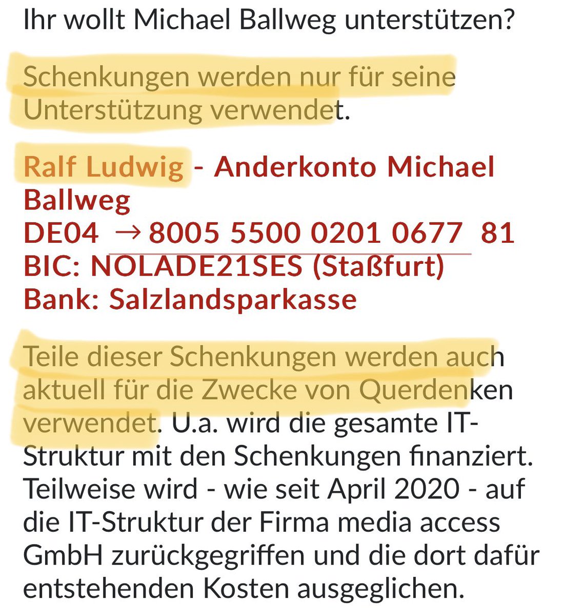 Wenn man auf dem im Bettelbrief angegebenen Link klickt, stößt man natürlich auf den Namen #RalfLudwig, langjähriger Experte in der „Nepper, Schlepper, Bauernfänger und Hütchenspieler“ Branche. Und natürlich wird das Geld nur für #Ballweg verwendet!

Oder für andere Zwecke.
🤷