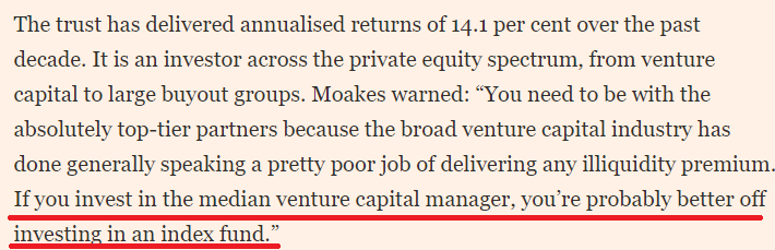 Good FT article quoting the CIO of Wellcome Trust.

ft.com/content/216e18…

"If you invest in the median VC manager, you're probably better off investing in an index fund."