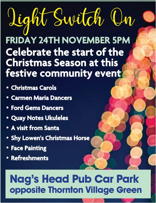 ThorntonCouncil's tweet photo. Join us on Friday 24th Nov. at 5:00PM for the Annual Christmas Tree Light Switch On at the Nag's Head Pub car park and let's get the Christmas season started. Ho ho ho 🎄 🎄🎅🎄🎄 https://t.co/WxpIzbHGIA