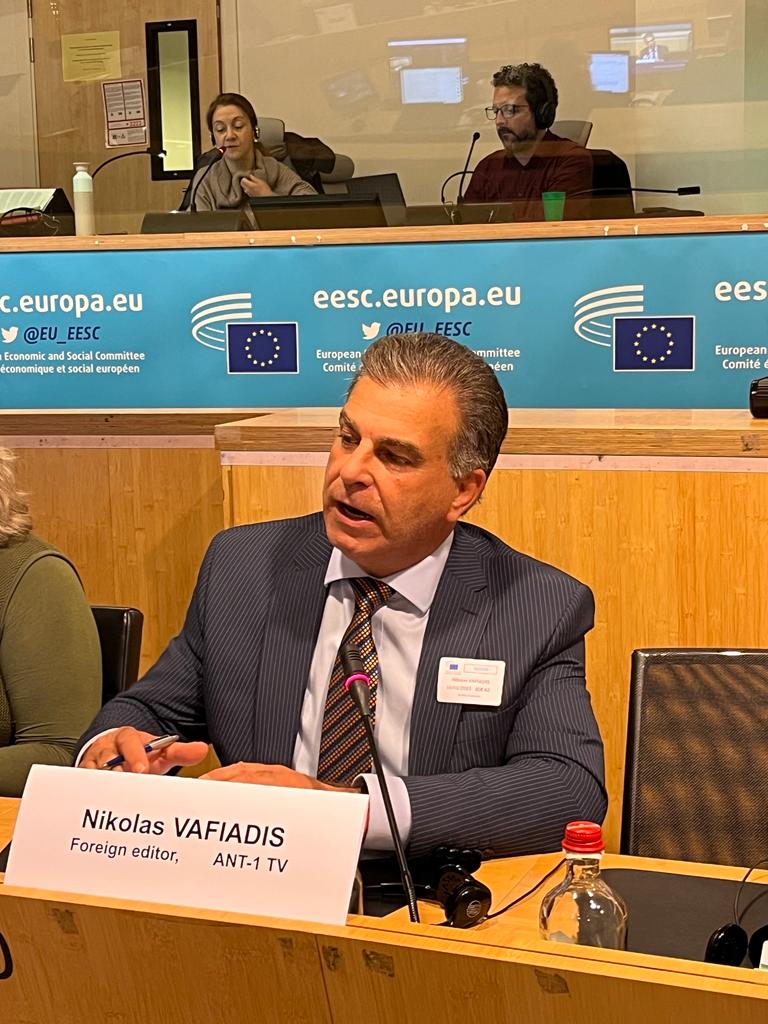 EESC_REX's tweet photo. 🎙️📺@VafiAdni, Foreign Editor, anchor ANT-1 TV &amp; well-known war correspondent, today with us in Brussels to share his feedback from the ground about the war between Israel and Hamas &amp; the humanitarian crisis in Gaza.

A timely, much-needed exchange during such challenging times. https://t.co/00AFOifHBX