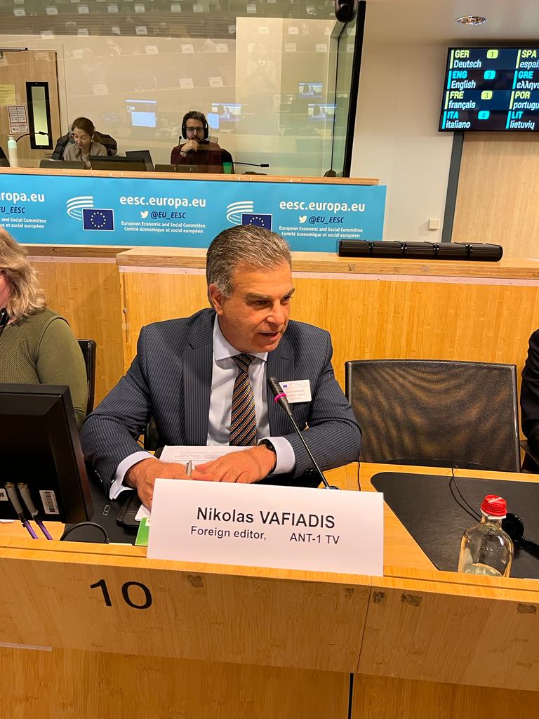 EESC_REX's tweet photo. 🎙️📺@VafiAdni, Foreign Editor, anchor ANT-1 TV &amp; well-known war correspondent, today with us in Brussels to share his feedback from the ground about the war between Israel and Hamas &amp; the humanitarian crisis in Gaza.

A timely, much-needed exchange during such challenging times. https://t.co/00AFOifHBX