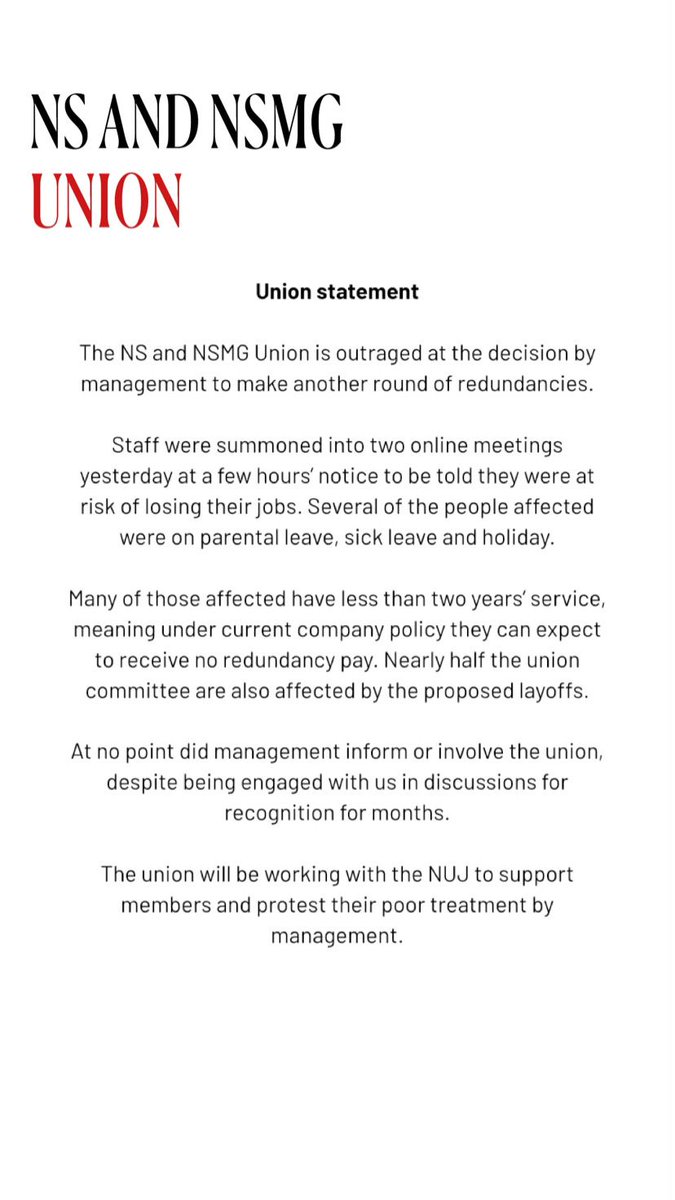 A statement from the NS and NSMG Union regarding yesterday's announcement of redundancies.