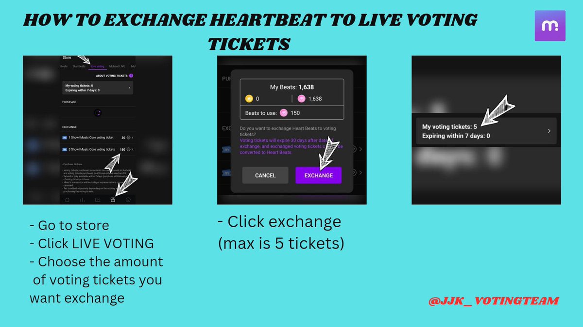 JJK_VotingTeam's tweet photo. 📣MUBEAT | Music Core live voting 

Collect heartbeats for live voting 🙏🏻

How to collect beats:
✓ watch ads 15/15  
✓ Do missions
✓ Do quizzes
✓ Collect from multiple accounts

📆 : Live voting Saturday ,Nov 18 at 3:30 PM KST

— Click store ➝ live Voting ➝ Exchange 
— Convert 150 heartbeats = 5 Live Voting Tickets 🎫

➝ mubeat app guide 
🔗 https://t.co/UV3hg4NXMg