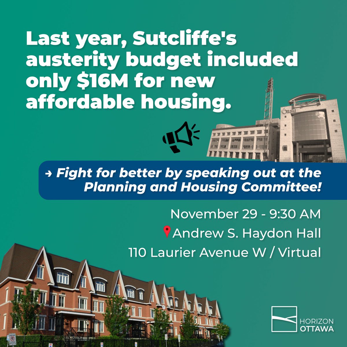 Our city is in the midst of a housing emergency, and the city is NOT doing enough. Join the fight for more affordable housing by signing up to speak at the Planning and Housing Committee on Nov 29! Send an email to Kelly.Crozier@ottawa.ca to register.