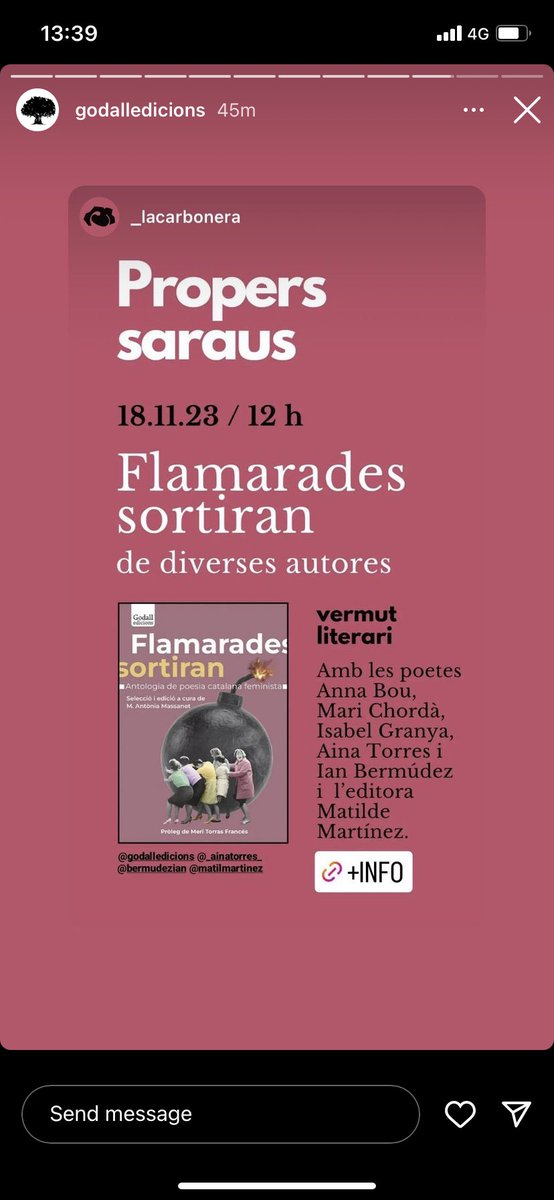 antoniamassanet's tweet image. El proper dissabte tenim dues presentacions de #flamarades 
Jo encara estic en ple brot però la poesia i la vida social són necessàries, així que faré per anar al de la tarda, les poetes del matí defensaran bé l’antologia!