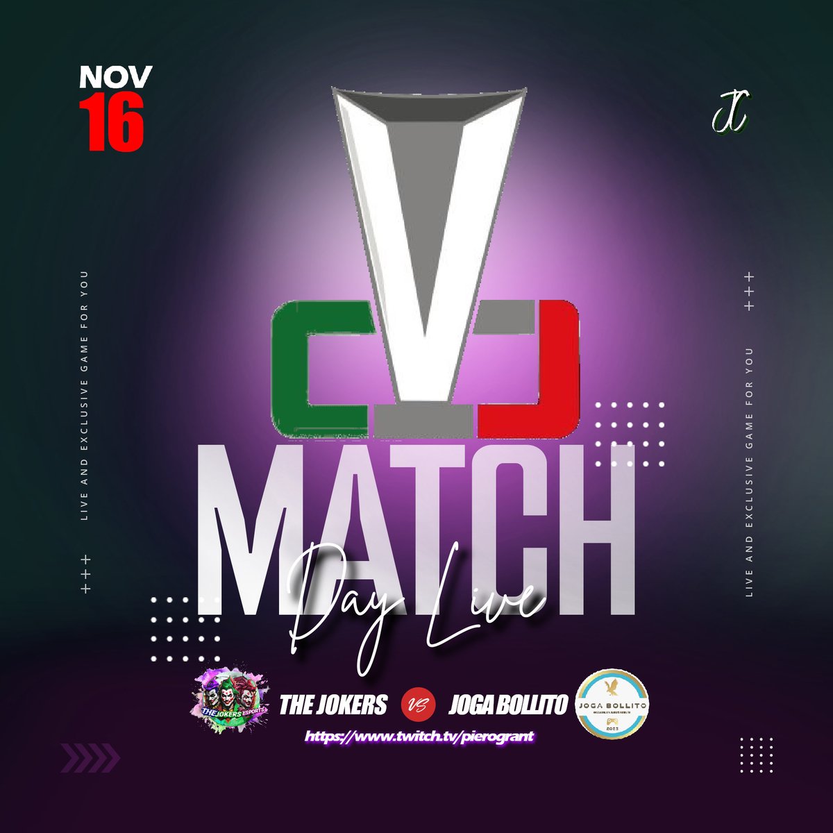 MATCH DAY!

THE JOKERS vs JOGA BOLLITO

CVL

live su Twitch start 21,30
twitch.tv/pierogrant

@RT_NoLimits <a href="/pctransfermarkt/">🇮🇹 PRO CLUBS TRANSFERMARKT🔍</a> @RTprocluk
<a href="/RTproclub/">𝚁𝚃𝚙𝚛𝚘𝚌𝚕𝚞𝚋</a> <a href="/RTProClubs/">RTProClubs</a> <a href="/RTProClubs/">RTProClubs</a>
<a href="/RTProClubItalia/">RT PRO CLUB ITA</a> <a href="/rtproclubitaly/">Pro-Club Italy</a>