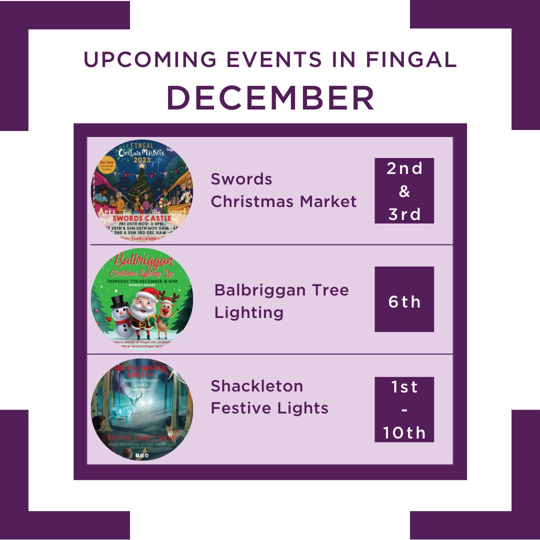 🎄✨ December Delights in Fingal! 🌟  
1. Swords Town Park Market: Dec 2-3, 11 am - 6 pm. T 🎁 
2. Balbriggan Lighting Up: Dec 7, 6 pm, George’s Square. 🎄🕕 
3. Festive Lights Show at Shackleton Garden: Nov 20 - Dec 10, 4 pm - 8 pm. ✨ #WinterinDublin 
eventsinfingal.ie/christmas