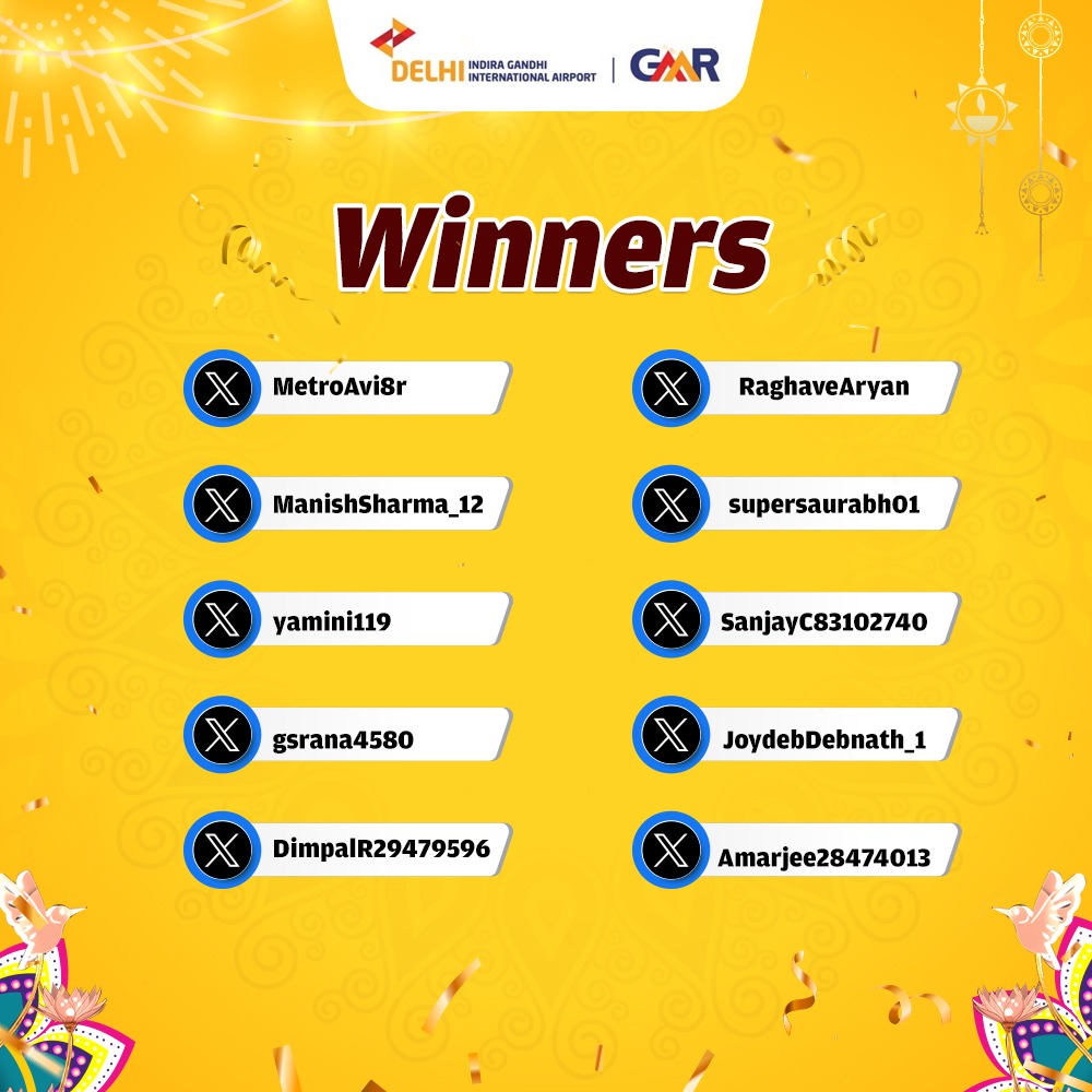 DelhiAirport's tweet photo. Congratulations to the winners of the #KhushiyonKiDiwali contest by #DelhiAirport. Kindly DM us your full name, email address and phone no. to claim your reward.

For more information, check T&amp;C: https://t.co/fhk0CVFjXT

#DELairport #ContestWinnerAnnouncement https://t.co/LtnW7Rt5kC