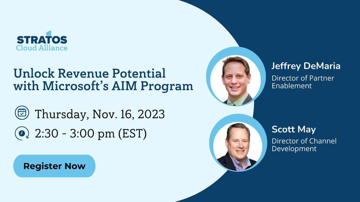 Last Chance! ⌛ There’s still time to register for today’s webinar!

 Tune in today at 2 pm EST for a deep dive into #Microsoft AIM. 

Sign up here: go.stratoscloud.com/unlock-revenue…