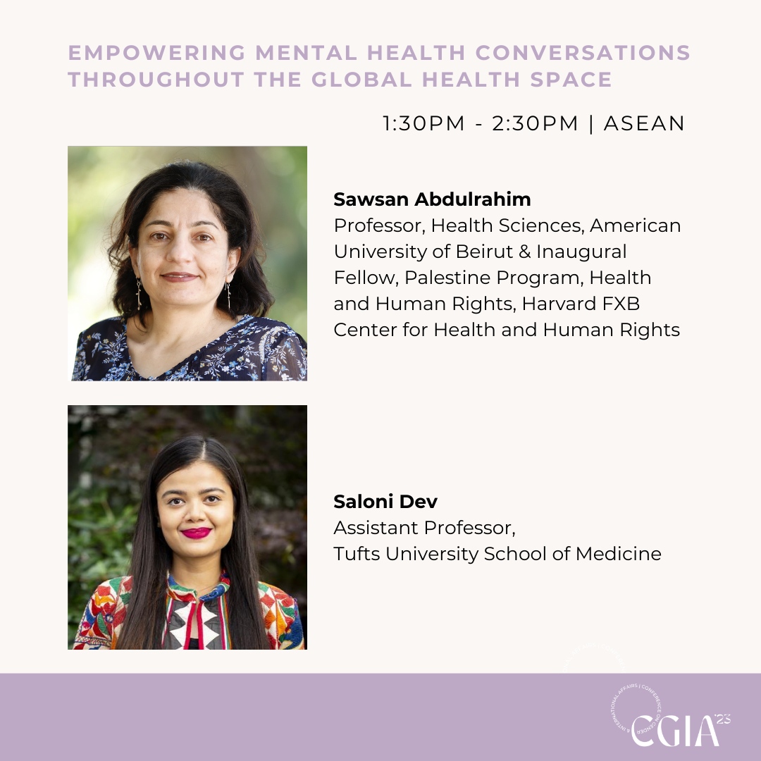 CgiaFletcher's tweet photo. Join CGIA for our Panel: Empowering Mental Health Conversations throughout the Global Health Space!

Learn more via our Instagram: https://t.co/uff52gAgM2

@thefletcherschool @tuftsuniversity #fletchercgia #thefletcherschool #cgia2023 #tuftsuniversity #powerpolicyprogress https://t.co/4Py14enbJV