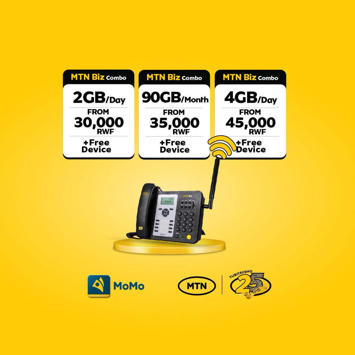 MTNRwanda's tweet photo. Do you know why the #MTNBizCombo is an all-in-one business solution? Purchase one at your nearest Service Centre to make calls, MoMo transactions, connect to Wi-Fi, and more all at once.

#SMEGoDigital
#BusinessDoneBetter https://t.co/rxRJOmgicU