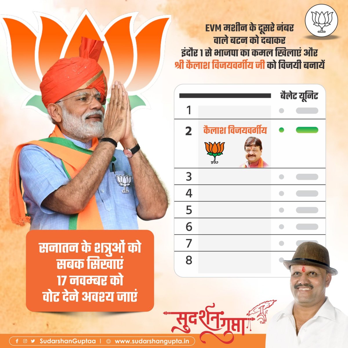 Sudarshanguptaa's tweet photo. कल शुक्रवार 17 नवम्बर को EVM मशीन के दूसरे नंबर वाले बटन को दबाकर इंदौर विधानसभा क्र. 1 से भाजपा का कमल खिलाएं और श्री @KailashOnline जी को भारी बहुमत से विजयी बनायें..

@BJP4MP https://t.co/SeHOIPXSrm
