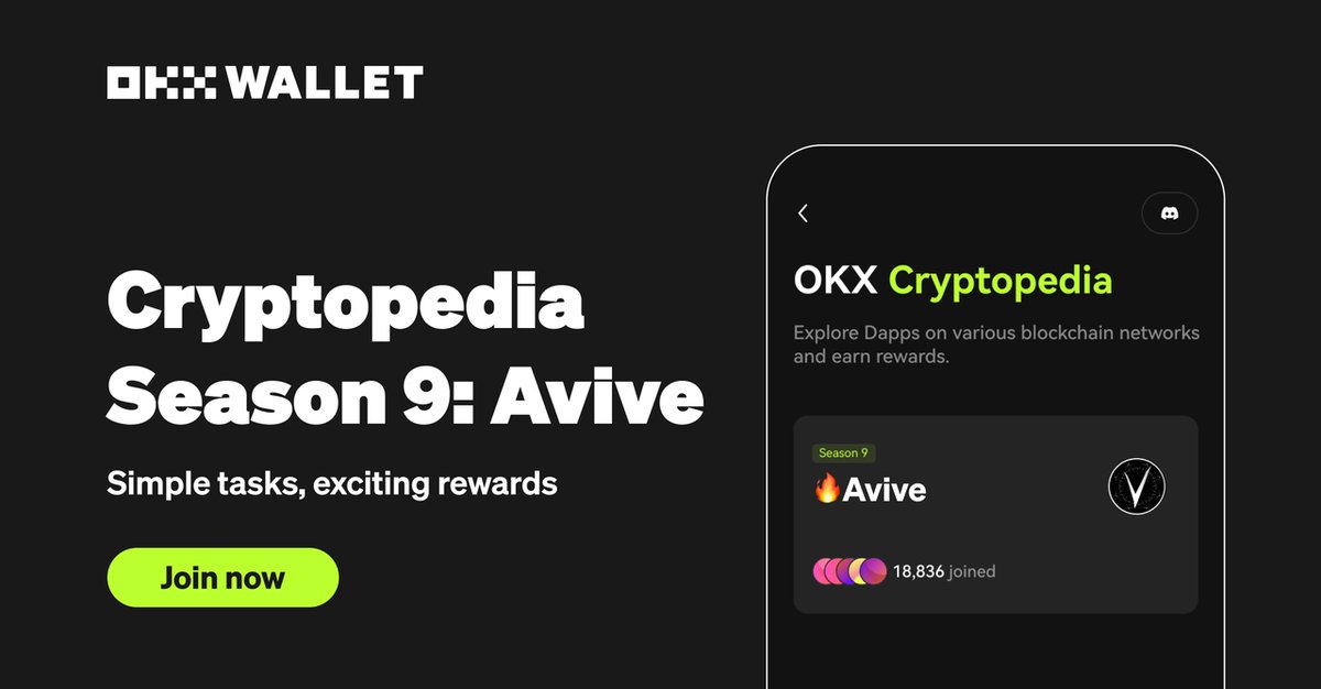 wallet's tweet photo. 🎊 Cryptopedia Season 9 is here with @Avive_World!

⚡️ Exclusive: Earn 2 $VV daily via OKX Cryptopedia, unlimited time
🪂 Complete 5 quests to win Avive NFTs!
🔚 Ends Nov 30th

📲 OKX App > Wallet > Discover > Avive
https://t.co/r6Kkkd6Uug https://t.co/YLRMgo6Eh8
