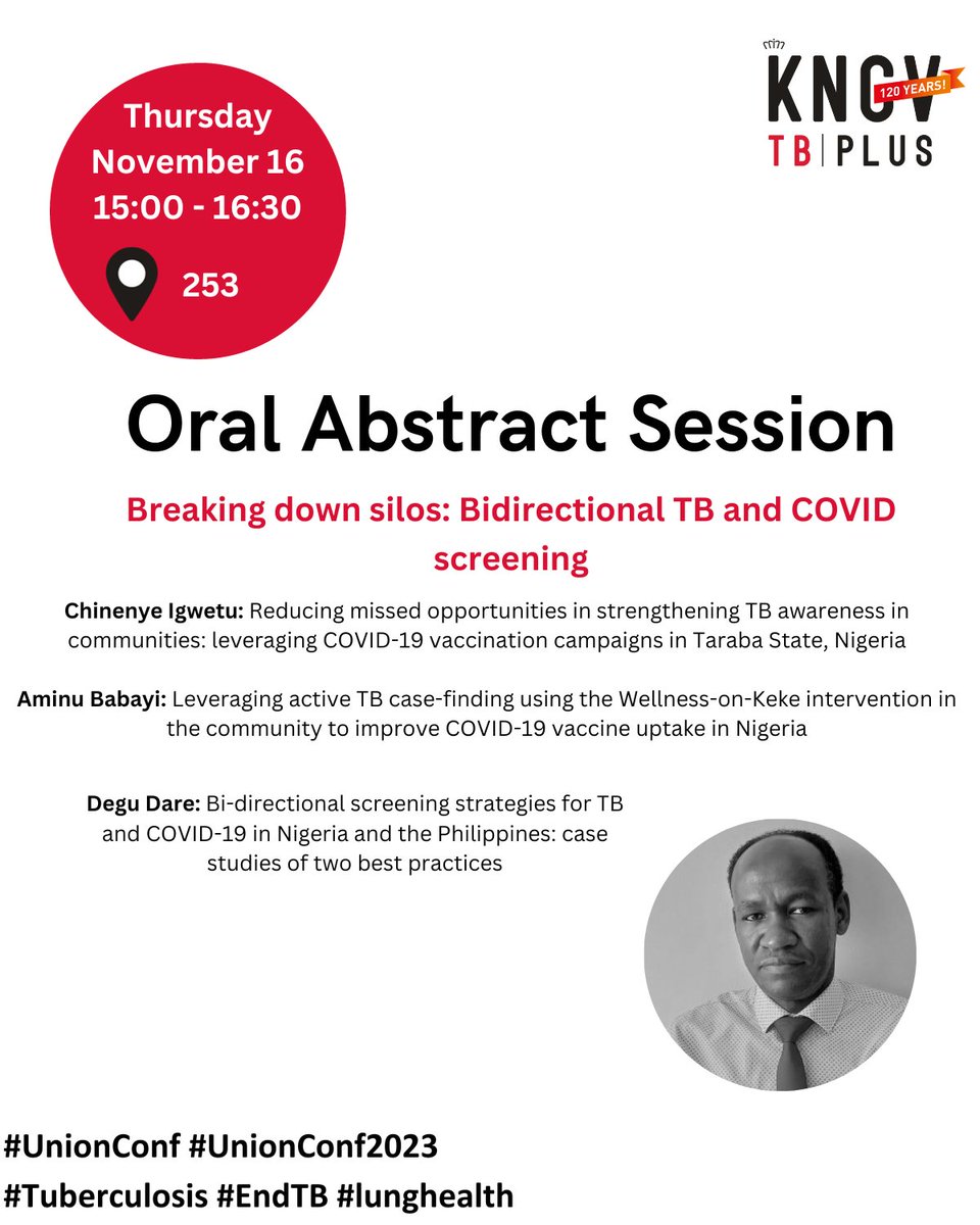KNCVTBPlus's tweet photo. From 15:00 – 16:30 in 253 at the @UnionConference, Chinenye Igwetu, Aminu Babayi &amp; @degujerene are at the Oral Abstract Session: 'Breaking down silos: Bidirectional TB and COVID screening'.

Please come and join them!

#UnionConf2023 #EndTB #Covid #COVID19 https://t.co/AtQZWSS29q