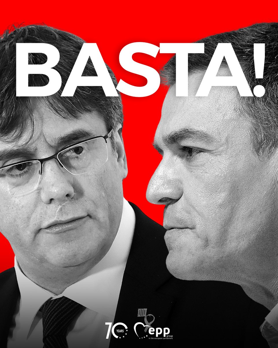 EPPGroup's tweet photo. Sanchez's political manoeuvring puts democracy at risk.  

7 votes for impunity? Unacceptable!  

The European Parliament debate on Wednesday is pivotal.  

Your active participation is needed. Join us, RT and #DefendDemocracy in Spain. Enough is enough! 

#EspañaNoSeRinde https://t.co/RavHaeCtZe
