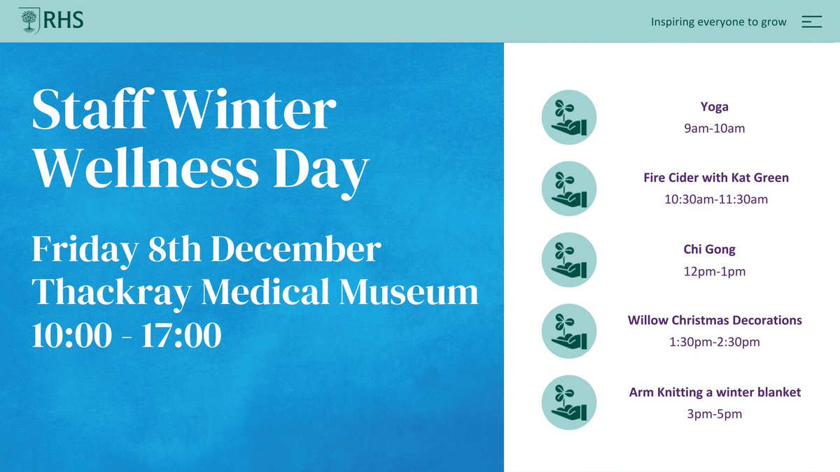 The RHS is hosting a Winter Wellness Day for staff @leedshospitals on Friday December 8th. Some wonderful activities available including yoga, making your own fire cider and chi gong. 💚 Full details are on the intranet: intranet.leedsth.nhs.uk/news/rhs-winte…