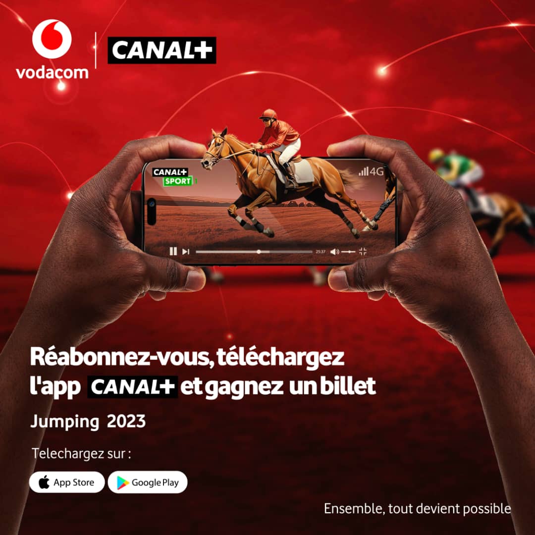 Vodacomcongo's tweet photo. Si vous êtes un abonné Vodacom, réabonnez-vous dans les boutiques Canal+ situées à Kintambo Magasin ou à l’Immeuble du Centenaire sur le Boulevard du 30 Juin, téléchargez l'appli MyCanal et recevez automatiquement un billet VIP.
.
#VodacomRDC #CanalplusRDC #Jumping2023 https://t.co/s9mrklS0dT