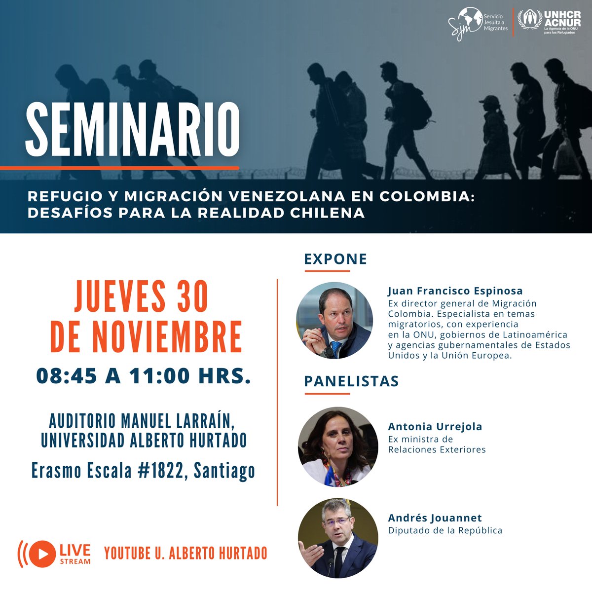 SJMChile's tweet photo. Te invitamos al seminario: "𝐑𝐞𝐟𝐮𝐠𝐢𝐨 𝐲 𝐌𝐢𝐠𝐫𝐚𝐜𝐢ó𝐧 𝐕𝐞𝐧𝐞𝐳𝐨𝐥𝐚𝐧𝐚 𝐞𝐧 𝐂𝐨𝐥𝐨𝐦𝐛𝐢𝐚:𝐃𝐞𝐬𝐚𝐟í𝐨𝐬 𝐩𝐚𝐫𝐚 𝐥𝐚 𝐫𝐞𝐚𝐥𝐢𝐝𝐚𝐝 𝐜𝐡𝐢𝐥𝐞𝐧𝐚", este jueves 30 en el Auditorio Manuel Larraín de  @uahurtado. Inscríbete aquí  https://t.co/O1EMb5aO9u https://t.co/49eUwSxS2U