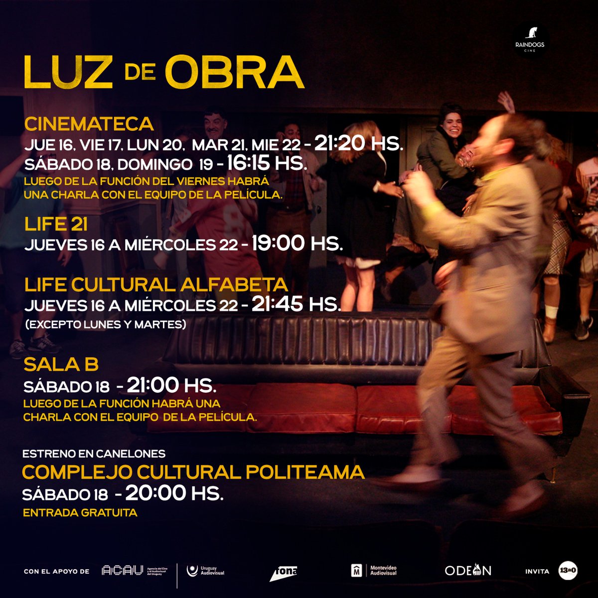 🔥LUZ DE OBRA en CINES 🔥
Una película sobre los sueños desproporcionados. Dirigida por Germán Tejeira.  

🎞️ Trailer bit.ly/3QhVnln 

⌛️Compartimos salas y horarios del 16 al 22 Nov.   

🖍️Apoyan: <a href="/ACAU_URUGUAY/">ACAU</a>  <a href="/mvdaudiovisual/">Montevideo Audiovisual</a> Invita: 13a0  

⚡️¡Nos vemos en el cine!
