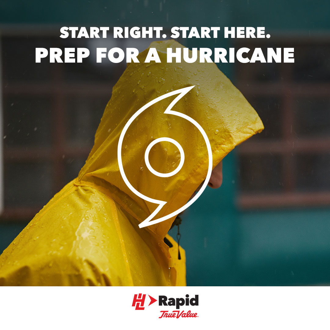 RapidTrueValue's tweet photo. Batten down the hatches! 🌀 Secure outdoor items, stock up on your essentials, and have an emergency kit ready.

Get everything you need when you come in today!!

#startrightstarthere #hurricaneprep #heavyrain #hlrtv https://t.co/hWEcbo12e4