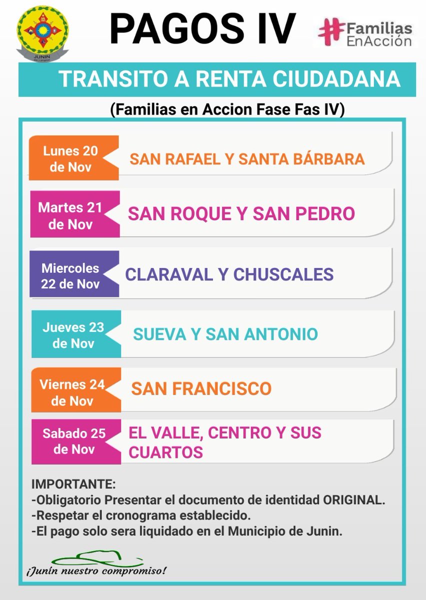 El Enlace del programa Familias en Acción, informa que desde el 20 de noviembre se estará realizando el Pago N°4 del 2023 correspondiente al programa Transito a Renta ciudadana, se recomienda seguir el cronograma establecido para cada vereda.
junin-cundinamarca.gov.co/noticias/pagos…