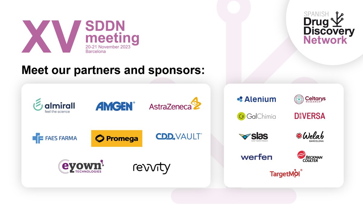 SDDNAssociation's tweet photo. The XV edition of the Spanish Drug Discovery Network (SDDN) is here! 💪🏻 It will be held on 20-21 November 2023 at the Parc de Recerca Biomèdica de Barcelona (PRBB).

Meet our partners and sponsors👇🏻
https://t.co/gLj9ecEnrI https://t.co/iWsYM3CAxB