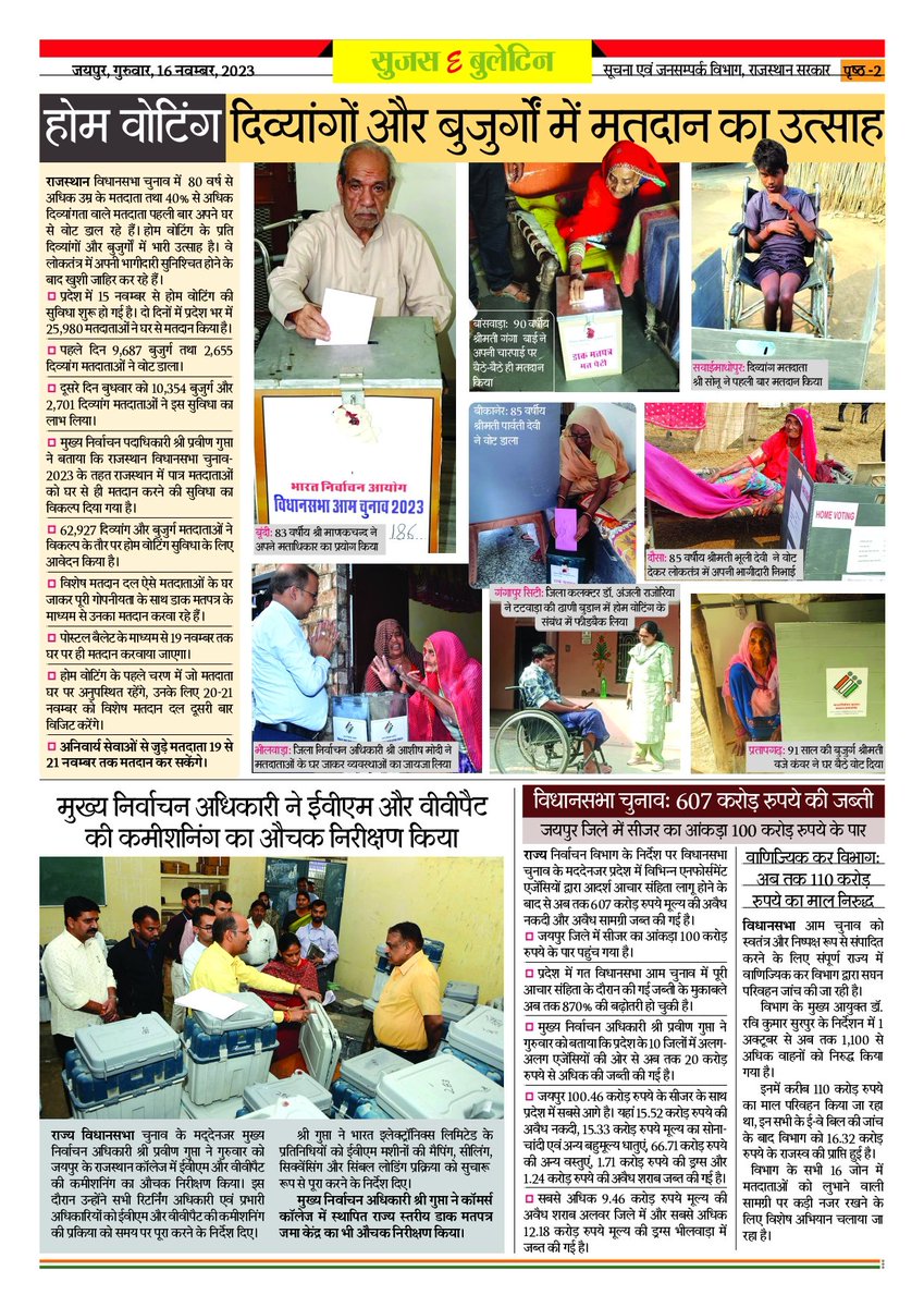 DIPRRajasthan's tweet photo. सुजस ई बुलेटिन
16 नवम्बर, 2023

- सतरंगी सप्ताह: प्रदेशभर में... नाचेंगे-गाएंगे, वोट डालकर आएंगे

- राज्य निर्वाचन विभाग ने मतदान 85% तक बढ़ाने की कार्य योजना तैयार की

- होम वोटिंग: दिव्यांगों और बुजुर्गों में मतदान का उत्साह

#Mission75
#RajasthanAGE2023
#YouthChalaBooth
#ECISVEEP
#ECI 

@CeoRajasthan 
@SpokespersonECI
@ECISVEEP