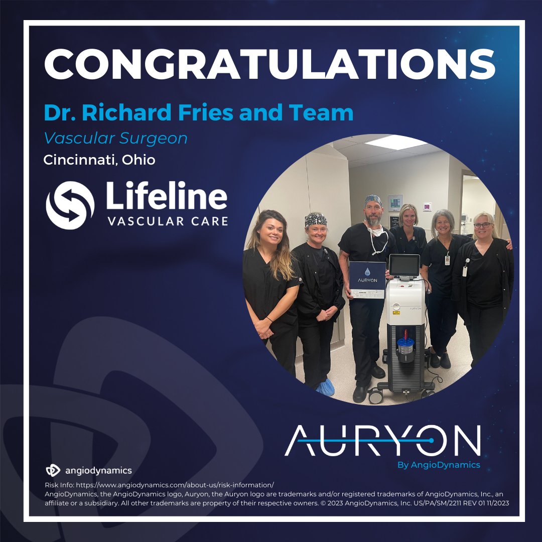 AngioDynamicsCV's tweet photo. We’d like to extend a big congratulations to Dr. Richard Fries and his team at RMS Lifeline in Cincinnati, Ohio for the completion of their first case using the Auryon System! Thank you for ensuring your patients get the care they need with the utmost safety in mind. https://t.co/B6kcy17nok