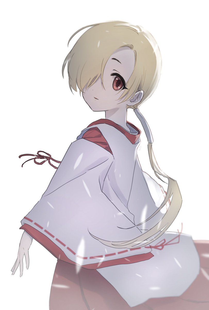 shirasaka koume 1girl solo miko hair over one eye japanese clothes blonde hair looking at viewer  illustration images