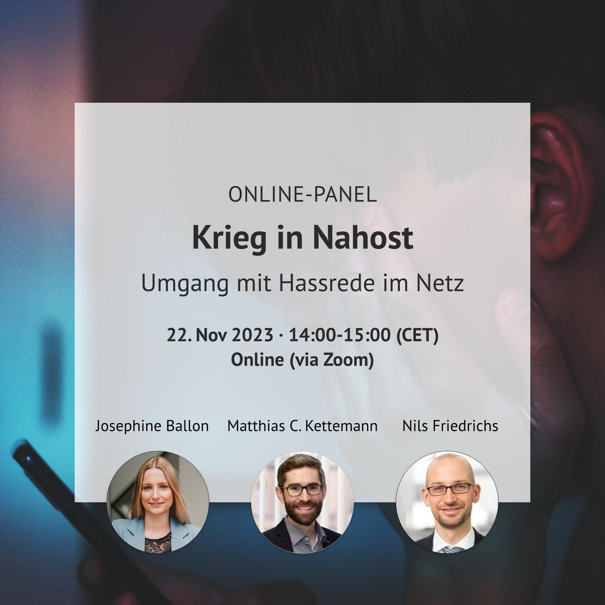 hiig_berlin's tweet photo. Wie umgehen mit #HassImNetz, der im aktuellen “Krieg der Bilder” wieder die Kommentarspalten auf #Plattformen füllt? Am 22.11. geben euch @MCKettemann, Josephine Ballon (@HateAid) und Nils Friedrichs (@SVR_Migration) um 14 Uhr Orientierung.

Anmeldung: https://t.co/Ibtx7fVNaD https://t.co/OeLTTYLdkI