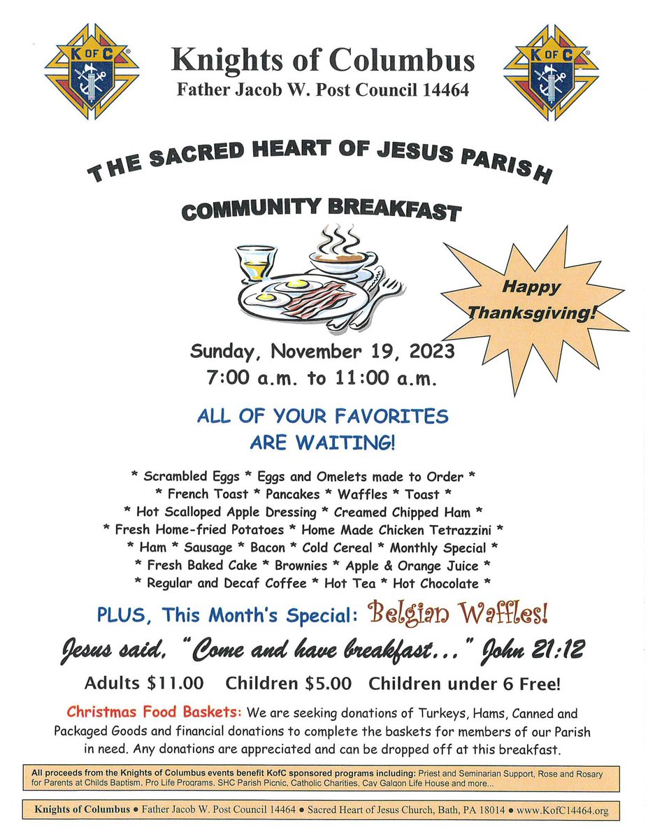 sacredheartbath's tweet photo. Hear ye, hear ye!

The great Sacred Heart KofC breakfast is here this weekend! A special treat of Belgian Waffles in addition to all the regular deliciousness!

Eat in / take out. https://t.co/gWblneOPEP
