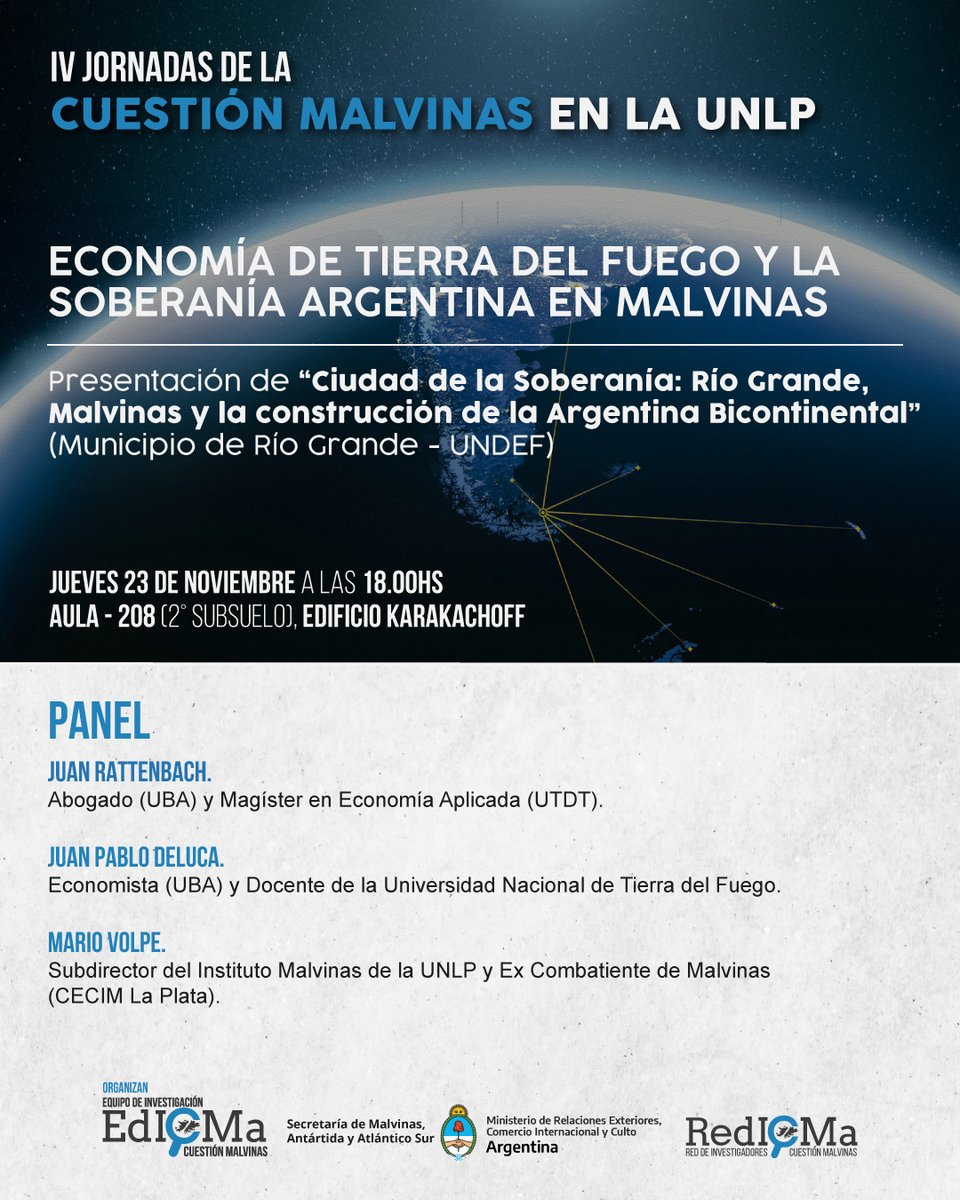EdICMa1's tweet photo. Los y las esperamos en "Economía de Tierra del Fuego y la soberanía argentina de Malvinas", la presentación del libro “Ciudad de la Soberanía: Río Grande, Malvinas y la construcción de la Argentina Bicontinental” (Municipio de Río Grande y la Universidad de la Defensa Nacional) https://t.co/rw3QgTMz62