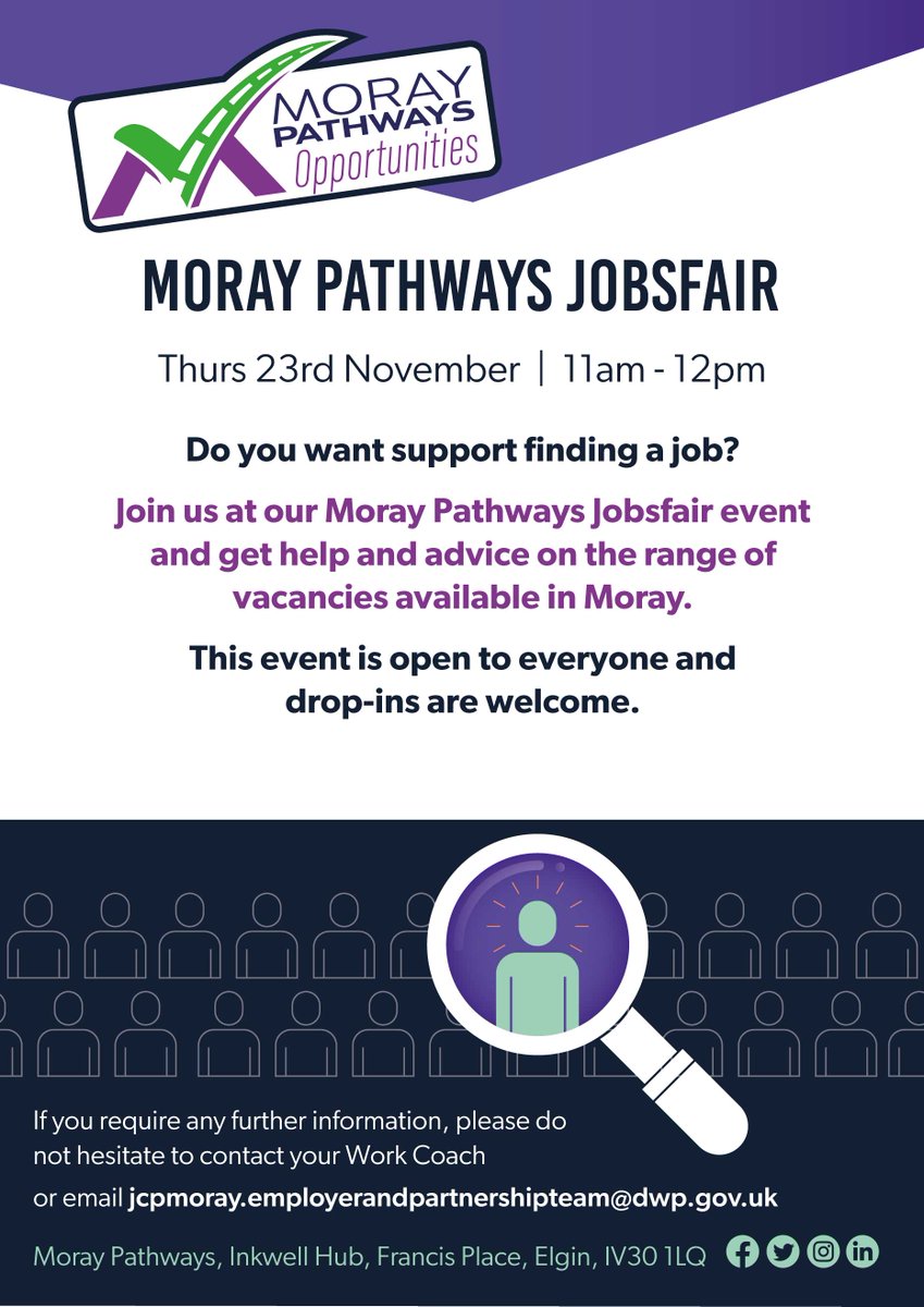 Moray Pathways are hosting a Mini Jobsfair.

The employers who have signed up so far are:

Bell Group
Cera Care
Gordonstoun
Makar Technologies Ltd
Moray Council Health & Social Care
Moray Council Social Care
Moray Pathways
Parklands
Royal Forces Employment Charity