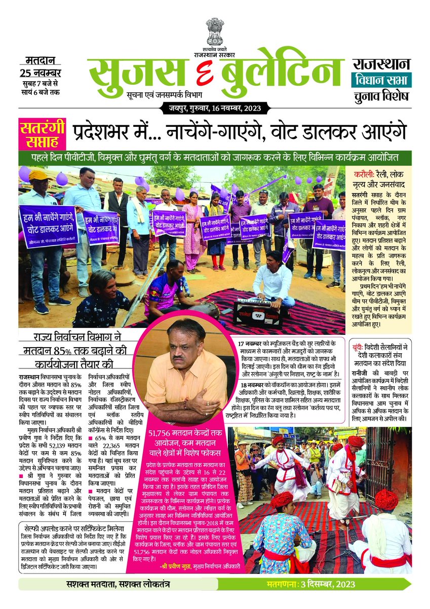 DIPRRajasthan's tweet photo. सुजस ई बुलेटिन
16 नवम्बर, 2023

- सतरंगी सप्ताह: प्रदेशभर में... नाचेंगे-गाएंगे, वोट डालकर आएंगे

- राज्य निर्वाचन विभाग ने मतदान 85% तक बढ़ाने की कार्य योजना तैयार की

- होम वोटिंग: दिव्यांगों और बुजुर्गों में मतदान का उत्साह

#Mission75
#RajasthanAGE2023
#YouthChalaBooth
#ECISVEEP
#ECI 

@CeoRajasthan 
@SpokespersonECI
@ECISVEEP