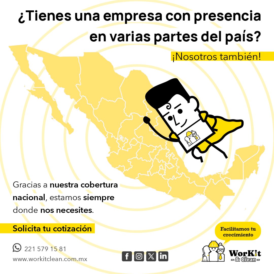 WorkitCleanMx's tweet photo. ¿Sabías que en WorKit contamos con cobertura en todo el país? Estamos cerca de ti, sin importar dónde estés. 🇲🇽

#proveedordelimpieza #recursoshumanos #rrhhméxico #empresariosméxico  #limpiezaindustrial #proveedordeservicios #pymesmexico #empresamexicana #empresadelimpieza https://t.co/RkHQbRiozM