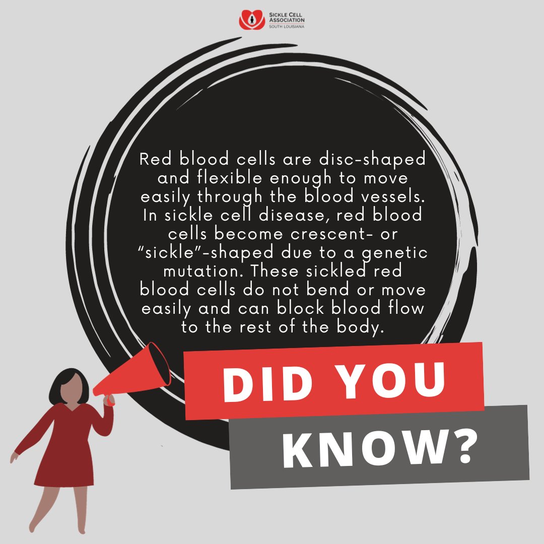 Did you know SCD is a group of inherited red blood cell disorders? Red blood cells are normally disc-shaped and carry oxygen. In SCD, red blood cells become crescent- or “sickle”-shaped and don't move easily. They can can block blood flow to the rest of the body.

#SickleCell