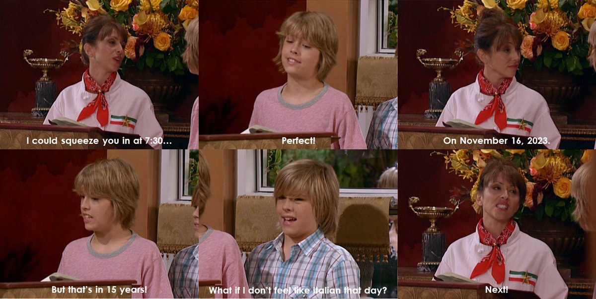 If they felt like Italian today, I hope that they're enjoying their nice Italian dinner that they've been waiting 15 years for!

#TheSuiteLifeOnDeck #DisneyChannel #ZackAndCody #ColeAndDylanSprouse #November162023 #DinnerReservation #ItalianRestaurant #NostalgiaTalk