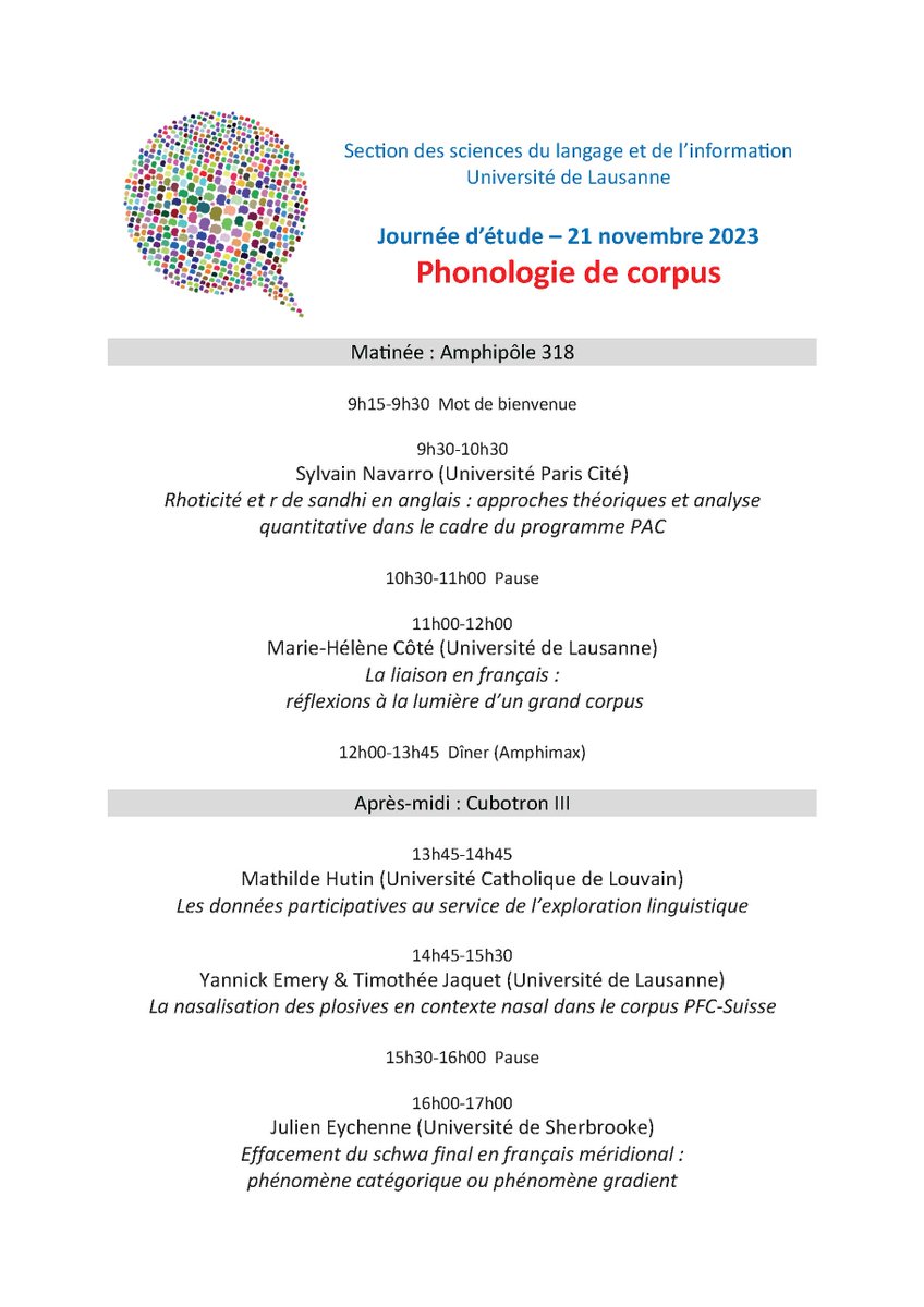 "Phonologie de corpus", journée d'étude organisée par Marie-Hélène Côté (Université de Lausanne) le 21 novembre 2023. Sans inscription. Programme complet sur: agenda.unil.ch/display/169839…