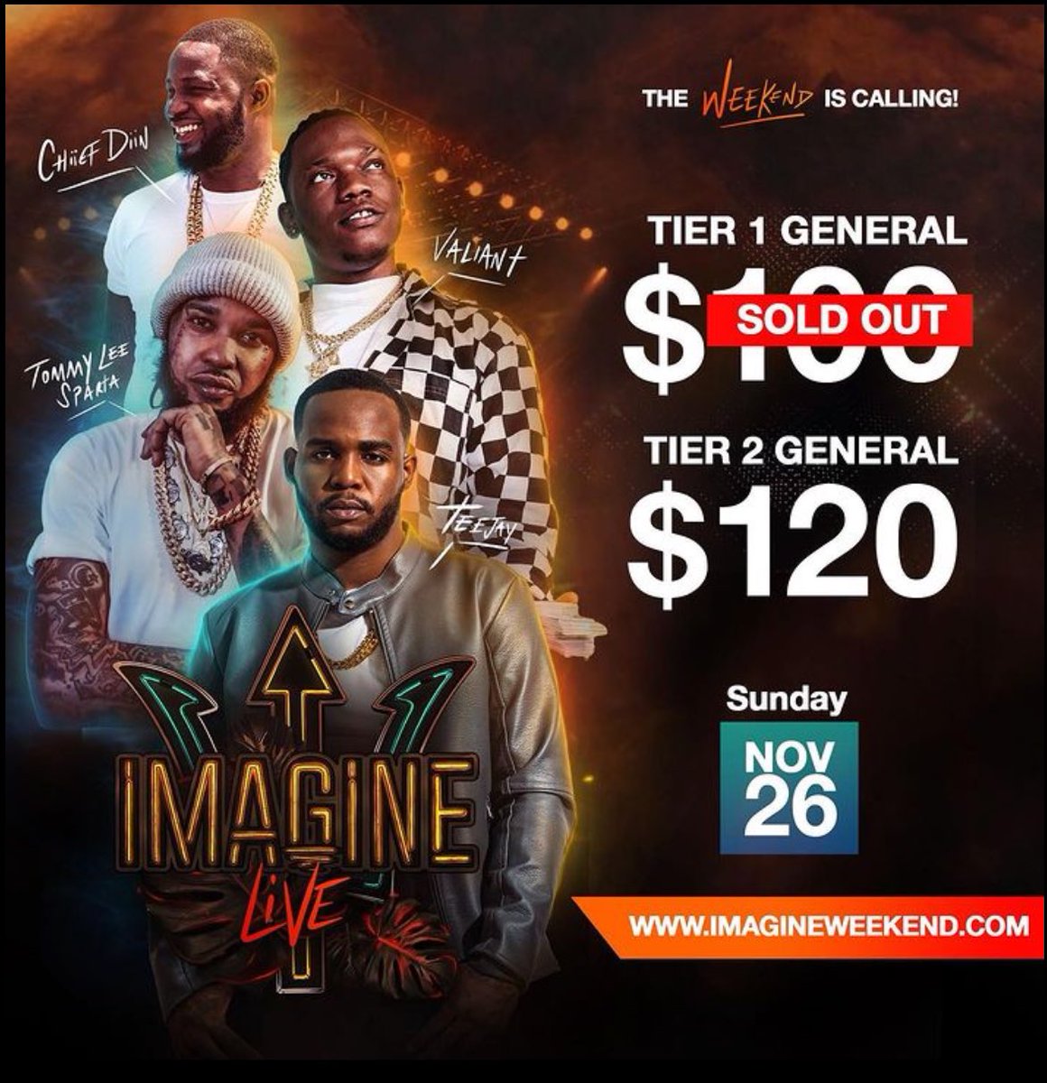 𝑰𝑴𝑨𝑮𝑰𝑵𝑬 𝑳𝑰𝑽𝑬; 𝐓𝐢𝐞𝐫 𝟏 (𝐨𝐧𝐞) 𝐆𝐄𝐍𝐄𝐑𝐀𝐋 𝐭𝐢𝐜𝐤𝐞𝐭𝐬 𝐚𝐫𝐞 🚨𝐬𝐨𝐥𝐝 𝐨𝐮𝐭‼️
You can now secure your TIER 2 tickets from any of the ticket outlets 
.
Are you ready to Imagine???
imagineweekend.com
𝑰𝑴𝑨𝑮𝑰𝑵𝑬 𝒕𝒉𝒆 𝑾𝑬𝑬𝑲𝑬𝑵𝑫✨
Nov 24-26 📍